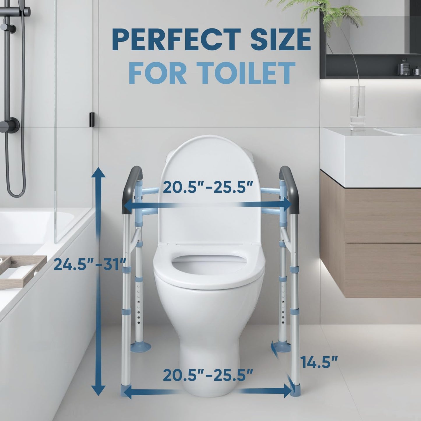 OasisSpace Stand Alone Toilet Safety Rail - Heavy Duty Medical Toilet Safety Frame for Elderly, Handicap and Disabled - Adjustable Bathroom Toilet Handrails, Width Adjustable Design, Fit Any Toilet