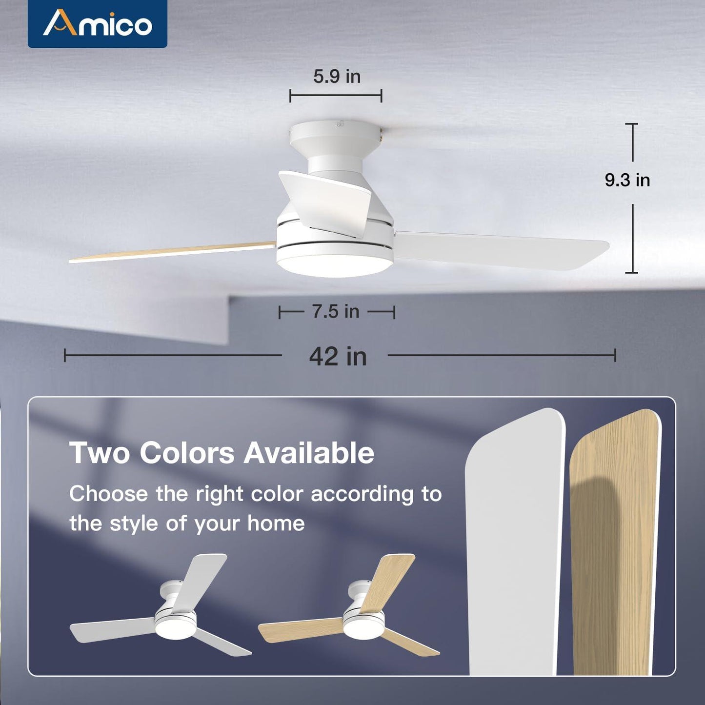 Amico Ceiling Fans with Lights, 42 inch Low Profile Ceiling Fan with Light and Remote Control, Flush Mount, Reversible, 3CCT, Dimmable, Noiseless, White Ceiling Fan for Bedroom, Indoor/Outdoor Use