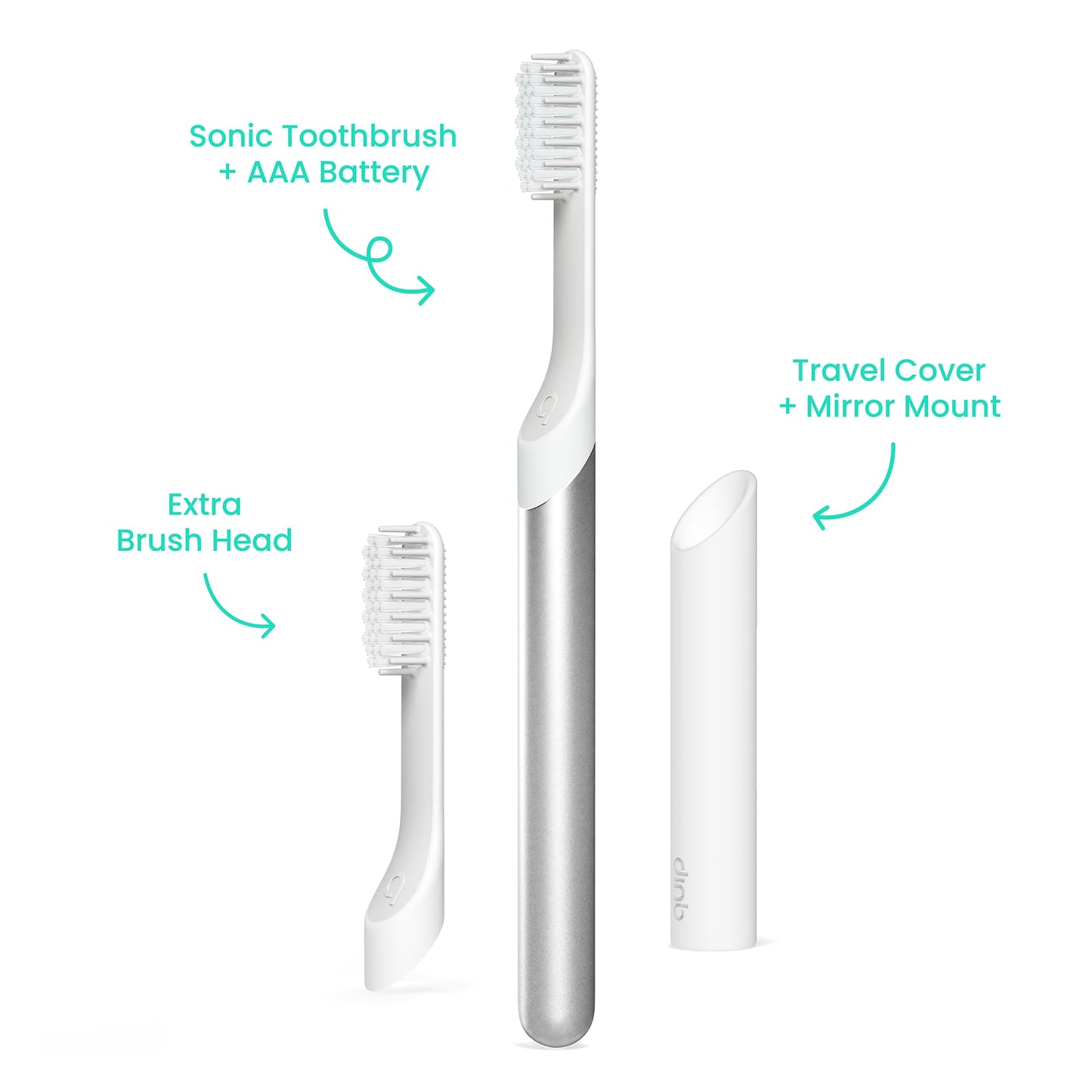 Quip Sonic Toothbrush for Adults with Timer - Includes Extra Brush Head and Travel Cover Mount - Electric, Soft Bristle Refill Head, Metal Handle, 3 Month Battery Life - Travel Toothbrush - Silver