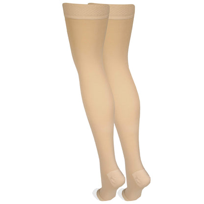 Amazon Basic Care Medical Compression Stockings, 20-30 mmHg Support, Women & Men Thigh Length Hose, Open Toe, Beige, X-Large (Previously NuVein)