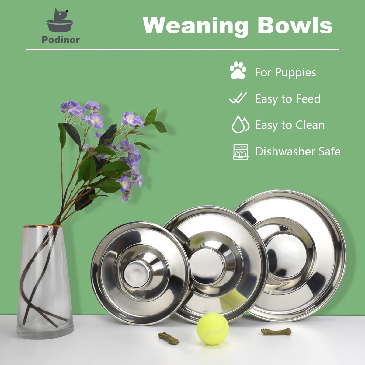 Podinor Stainless Steel Puppy Dog Bowls, Pets Puppies Feeding Food and Water Weaning Bowls Dishes Feeder