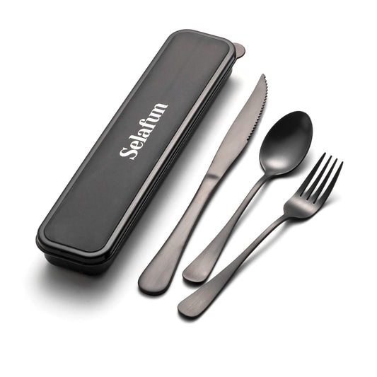 Selafun 4-pieces Travel Set with Case Portable Silverware Utensils Set for work, Stainless Steel Reusable Flatware Set Cutlery Set for Camping Picnic Hiking Office (6.7inch, Matte Black)