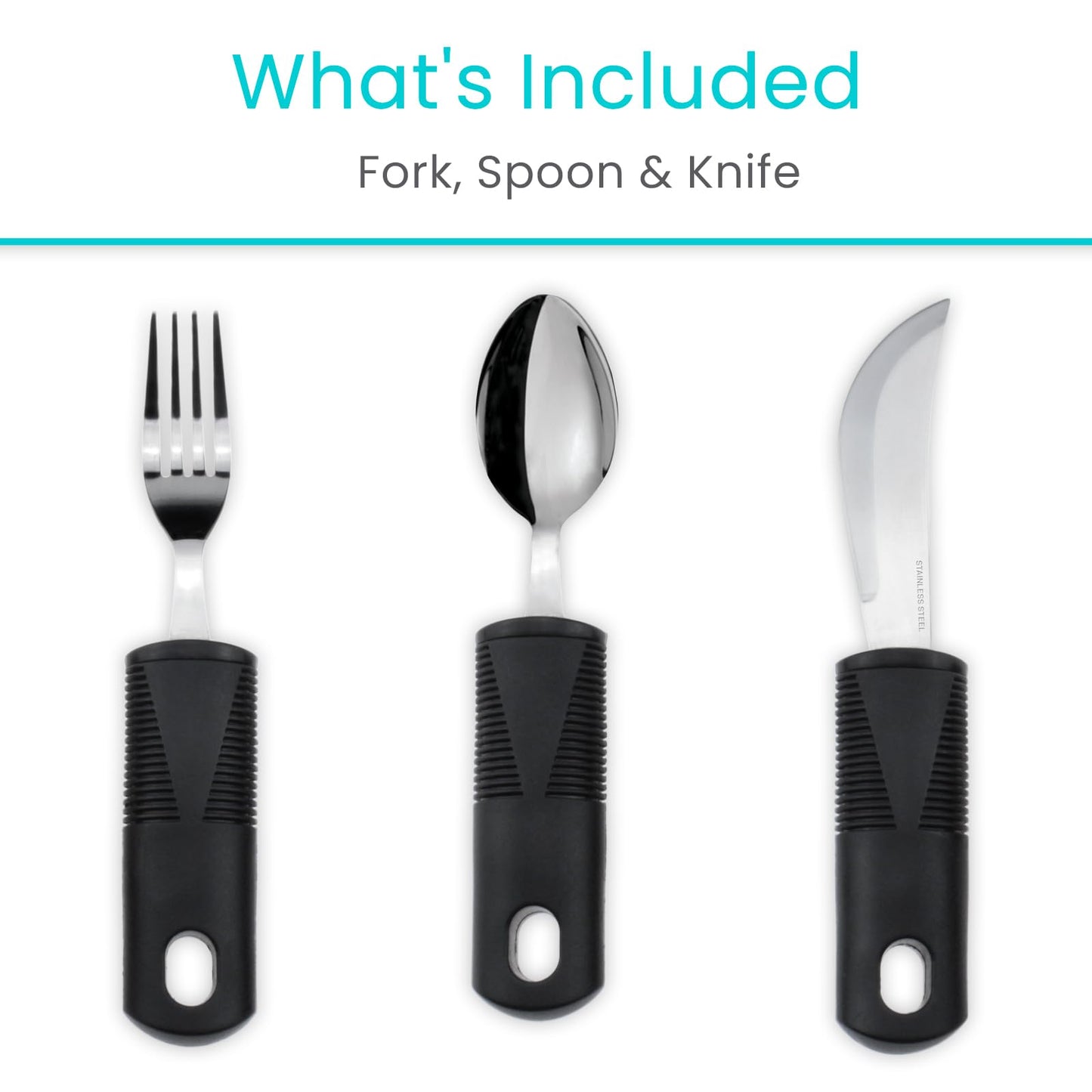 Vive Adaptive Utensil Set - Arthritis Aid Silverware for Parkinsons, Hand Tremors - Easy Grip for Shaking and Trembling Hands - Heavy Stainless Steel Spoon (Regular)