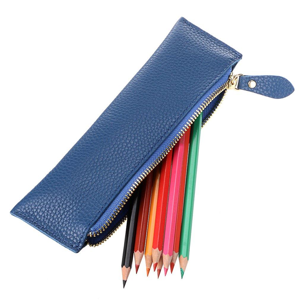 BTSKY Genuine Leather Pencil Case - Zippered Pen Case Stationery Bag Zipper Pouch Pencil Holder(Blue)