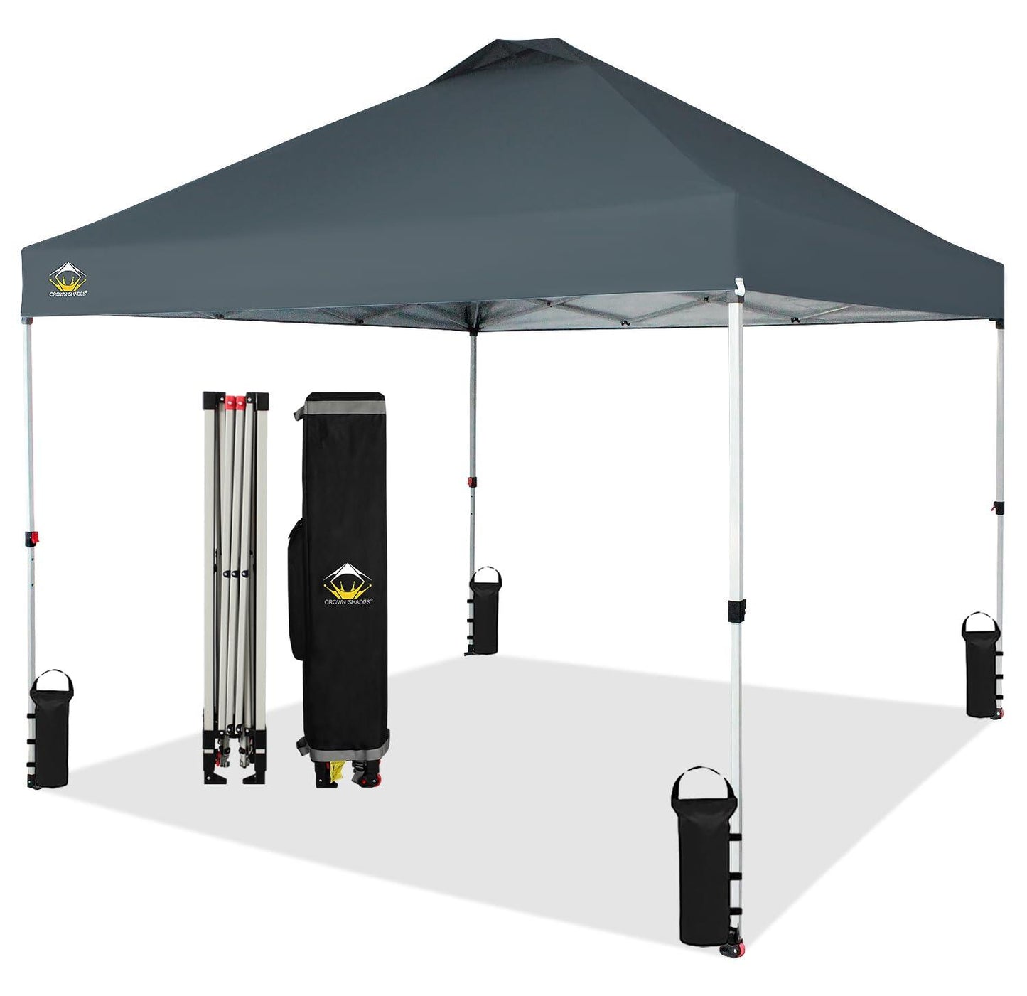 CROWN SHADES 10x10 Pop Up Canopy - Beach Tent with One Push Setup - Easy Outdoor Sun Shade for Events, Parties, Camping - Gazebo with STO-N-Go Cover Bag, Silver Coated Top, Grid Grey