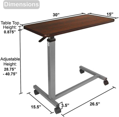 Vaunn Adjustable Overbed Bedside Table With Wheels (Hospital and Home Use), Walnut Brown