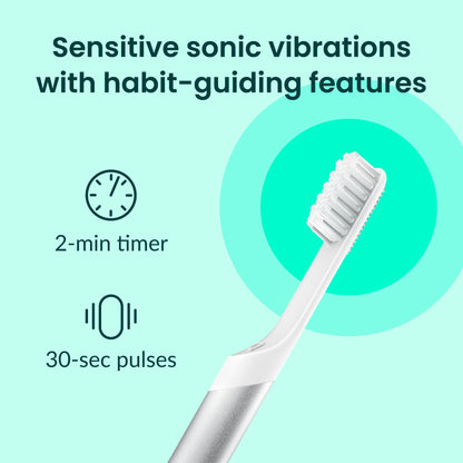 Quip Sonic Toothbrush for Adults with Timer - Includes Extra Brush Head and Travel Cover Mount - Electric, Soft Bristle Refill Head, Metal Handle, 3 Month Battery Life - Travel Toothbrush - Silver