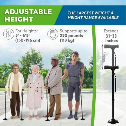 HONEYBULL Walking Cane for Men & Women - Foldable, Adjustable, Collapsible, Free Standing Cane, Pivot Tip, Heavy Duty | Walking Sticks, Folding Canes for Seniors & Adults [Black]