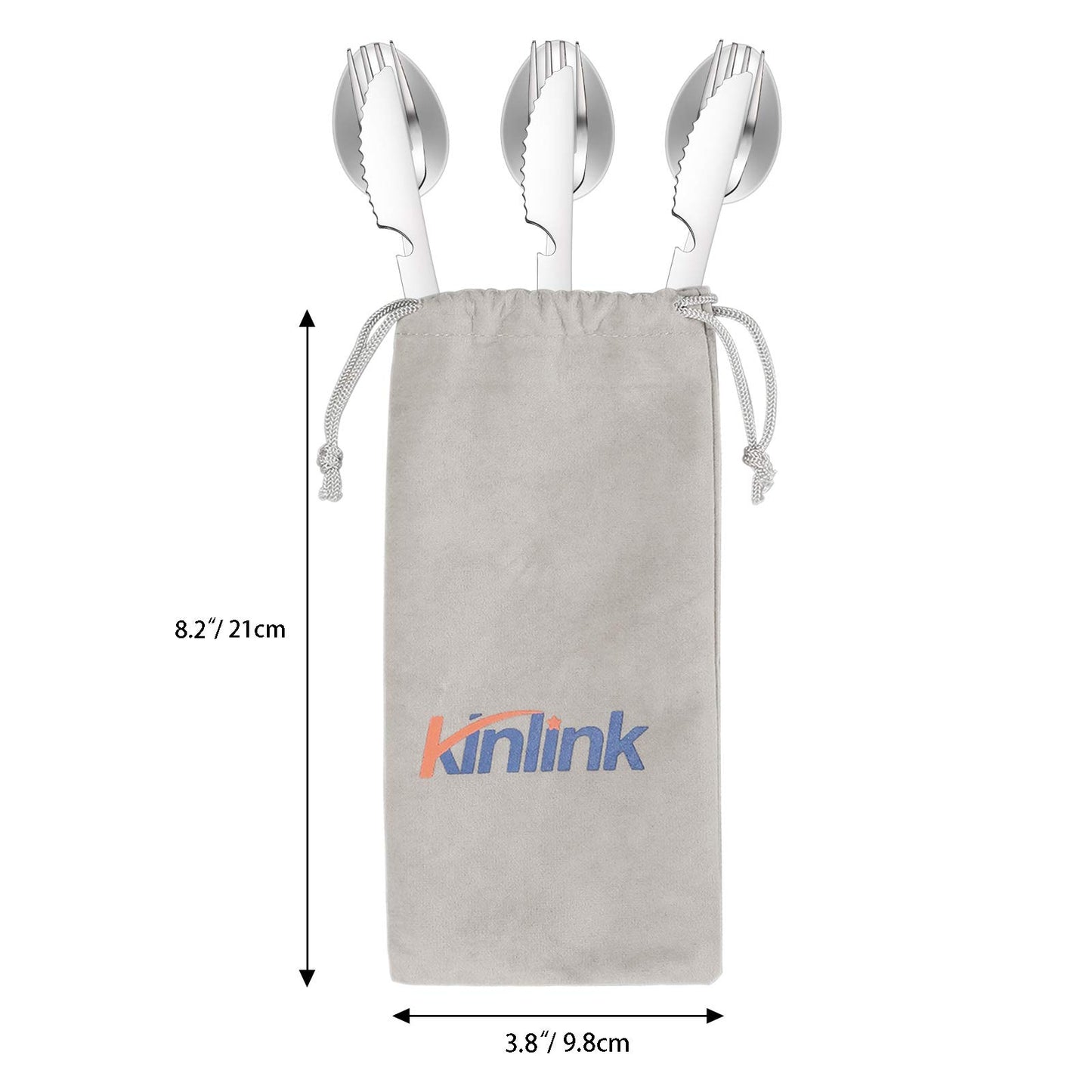 KINLINK 4-in-1 Camping Utensils 3-Pack, Portable Stainless Steel Spoon, Fork, Knife & Bottle Opener Combo Set, Travel/Camping/Hiking/Picnic/Barbecue/Outdoor Backpacking Utensils with Carrying Bag