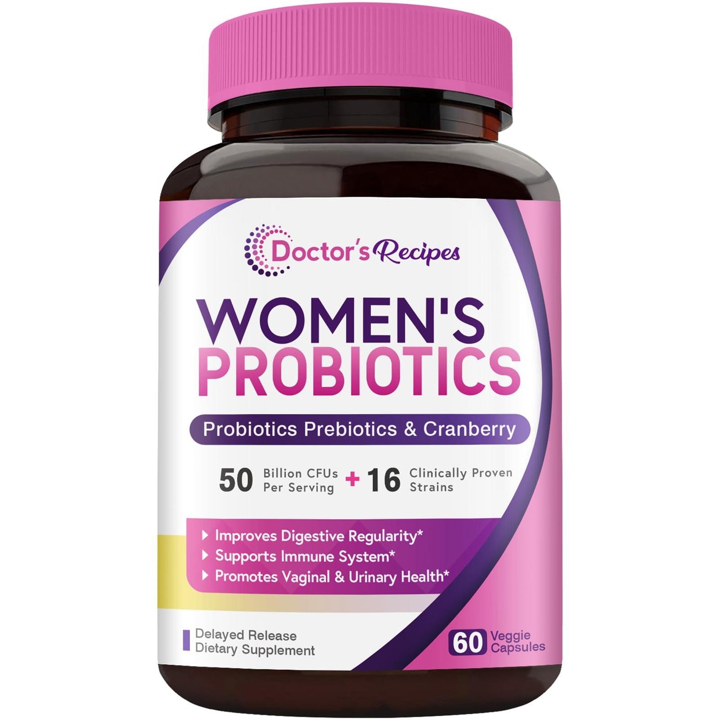 Doctor's Recipes Women’s Probiotic, 60 Caps 50 Billion CFU 16 Strains, with Organic Cranberry, Digestive Immune Vaginal & Urinary Health, Shelf Stable, Delayed Release, No Soy Gluten Dairy