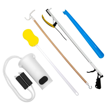 FabLife Hip Kit Daily Living Aids for Mobility, Hip Replacement Recovery, Knee and Back Surgery Includes Grabber Reacher, Bath Sponge Stick, Sock Aid, Shoehorn, Dressing Stick