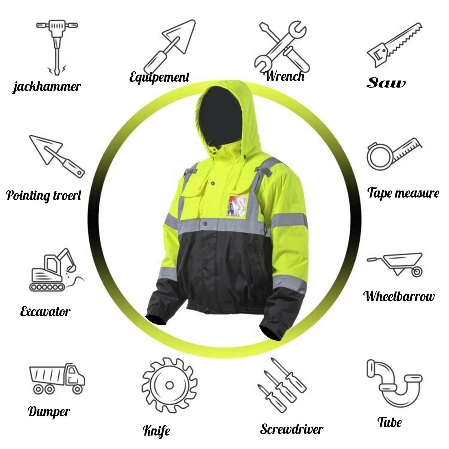 Mens High Visibility Jacket Waterproof with Hood, Reflective Hi Vis Winter Jacket, Safety Work Yellow Jackets for Men