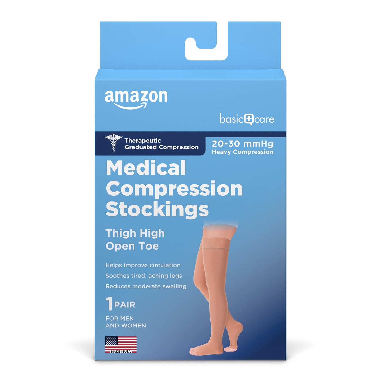 Amazon Basic Care Medical Compression Stockings, 20-30 mmHg Support, Women & Men Thigh Length Hose, Open Toe, Beige, X-Large (Previously NuVein)