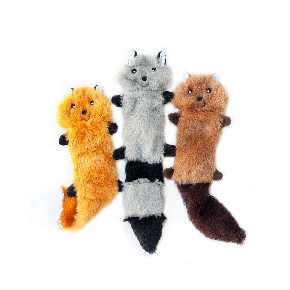 ZippyPaws Skinny Peltz - Fox, Raccoon, & Squirrel - No Stuffing Squeaky Dog Toys, Unstuffed Chew Toy for Small & Medium Breeds, Bulk Multi-Pack of 3 Soft Plush Toys, Flat No Stuffing Puppy Toys - 11"