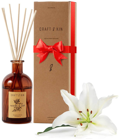 Jasmine & Lily Reed Diffuser | Includes All Natural Essential Oil & 8 Rattan Scent Sticks | Reed Diffuser Set for Bathroom | Reed Diffusers for Home | Long Lasting Home Fragrance in Amber Glass-5.75oz