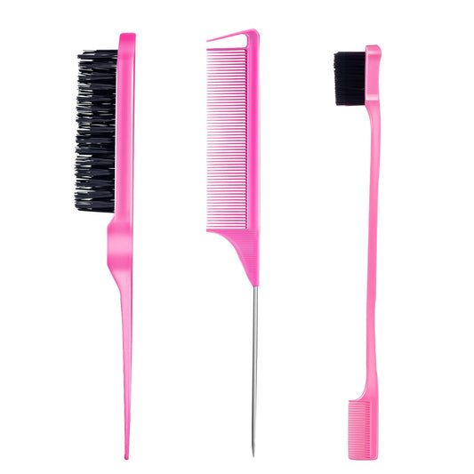 3 Pieces Hair Styling Comb Set Teasing Hair Brush Rat Tail Comb Edge Brush for Edge&Back Brushing, Combing, Slicking Hair for Women (Pink)