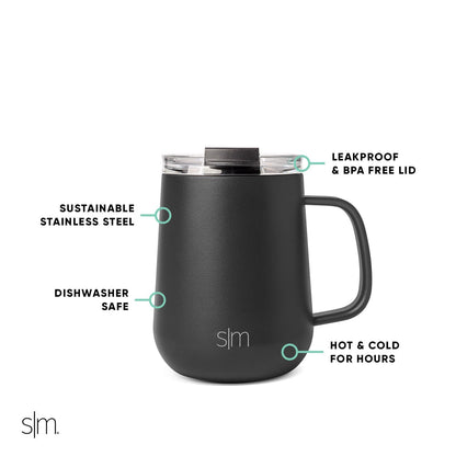 Simple Modern Travel Coffee Mug with Lid and Handle | Reusable Insulated Stainless Steel Coffee Tumbler Tea Cup | Gifts for Women Men Him Her | Voyager Collection | 12oz | Midnight Black