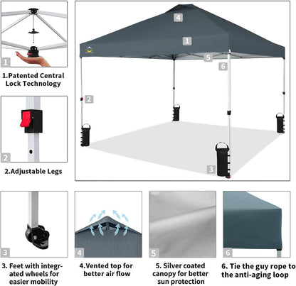 CROWN SHADES 10x10 Pop Up Canopy - Beach Tent with One Push Setup - Easy Outdoor Sun Shade for Events, Parties, Camping - Gazebo with STO-N-Go Cover Bag, Silver Coated Top, Grid Grey