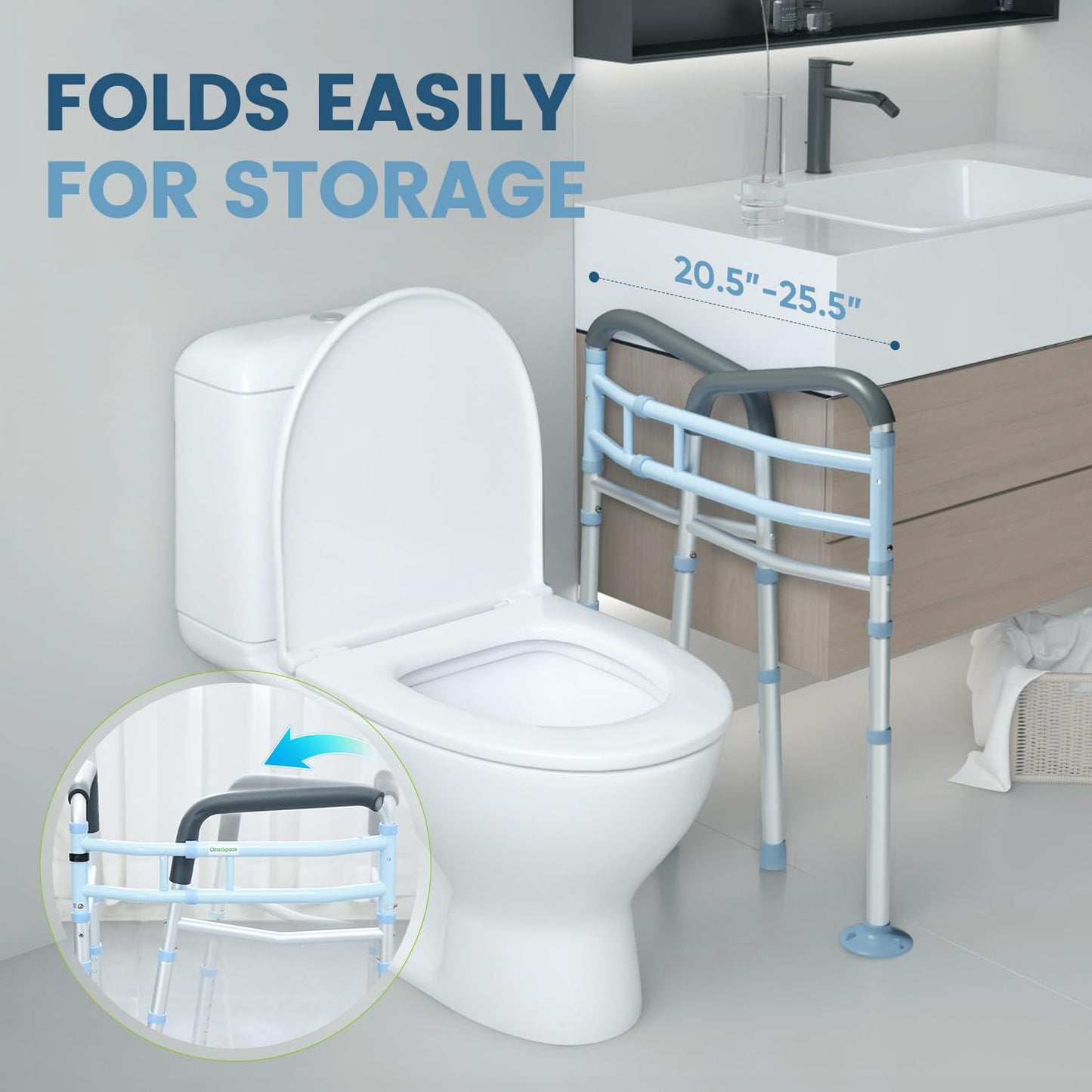 OasisSpace Stand Alone Toilet Safety Rail - Heavy Duty Medical Toilet Safety Frame for Elderly, Handicap and Disabled - Adjustable Bathroom Toilet Handrails, Width Adjustable Design, Fit Any Toilet