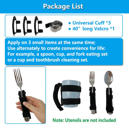 Universal Cuff Adaptive Utensil Holder for Elderly Adults Eating Handicap Utensils Feeding Therapy Tools (3 PCS) Adaptive Holder Cups Spoon Fork Gadgets for Arthritic Hands Parkinsons Patients Gifts