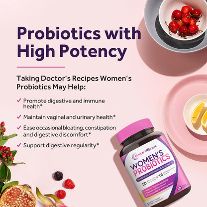 Doctor's Recipes Women’s Probiotic, 60 Caps 50 Billion CFU 16 Strains, with Organic Cranberry, Digestive Immune Vaginal & Urinary Health, Shelf Stable, Delayed Release, No Soy Gluten Dairy