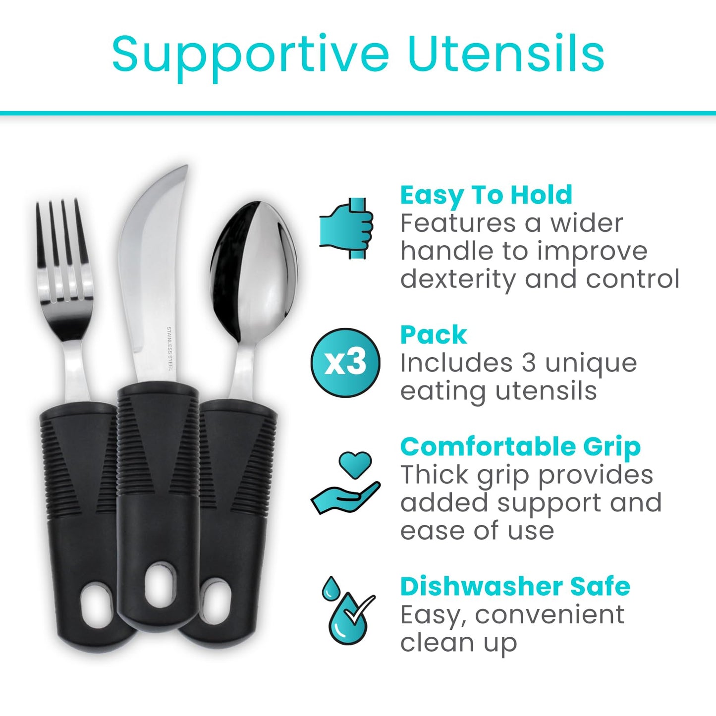 Vive Adaptive Utensil Set - Arthritis Aid Silverware for Parkinsons, Hand Tremors - Easy Grip for Shaking and Trembling Hands - Heavy Stainless Steel Spoon (Regular)