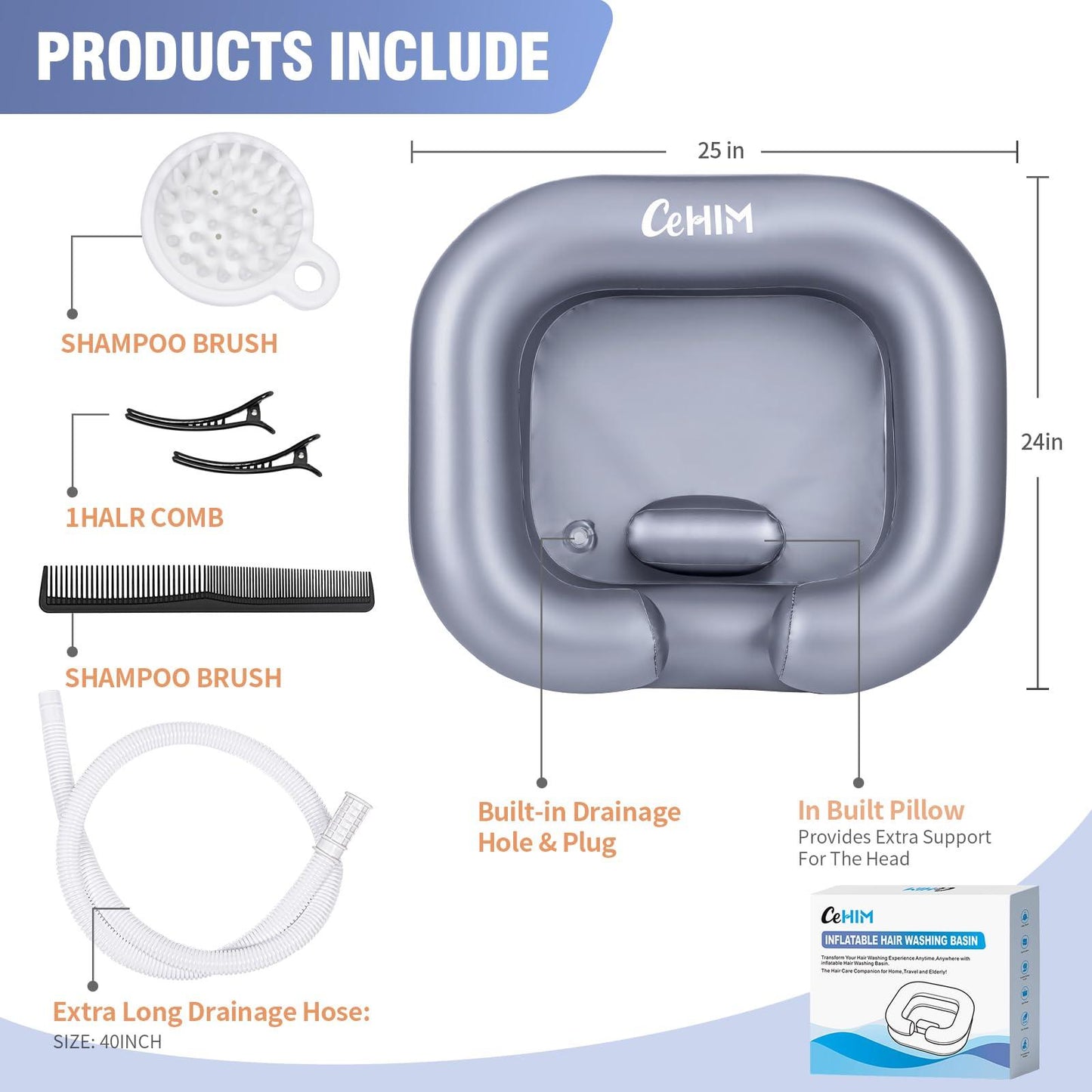 Cehim Inflatable Shampoo Basin - Portable Shampoo Bowl, Hair Washing Basin for Bedridden, Disabled,Injured, Hair Wash Tub for Dreadlocks and at Home Sink Washing (Silver)