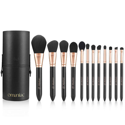 OMANIAC Makeup Brush Set Professional, 12 Pearlescent Wood Handle Makeup Brushes, Premium Cruelty-Free Synthetic Fiber Hair, Travel Make up Brushes Set with Case (Black).