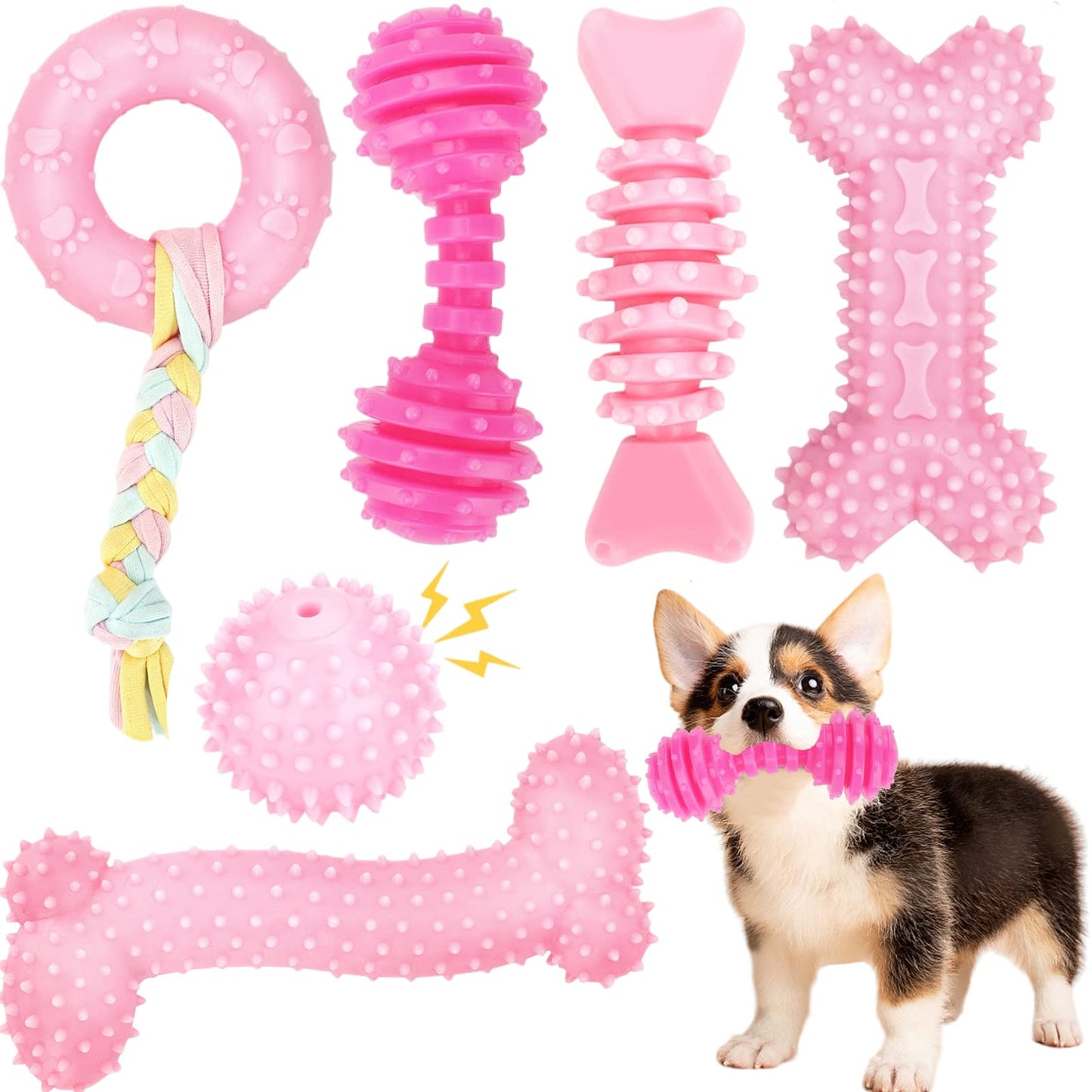 CGBD Puppy Toys, 6 Pack Dog Chew Toys for Puppy, Cute Pink Small Dog Toys, Teething Toys for Puppies, Soft Durable Interactive Chew Toy for Small Dogs