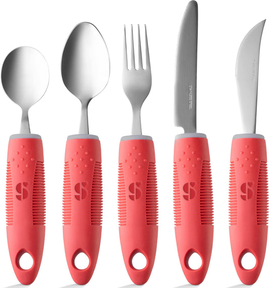 Special Supplies Adaptive Utensils (5-Piece Kitchen Set) Wide, Non-Weighted, Non-Slip Handles for Hand Tremors, Arthritis, Parkinson’s or Elderly Use (Red)