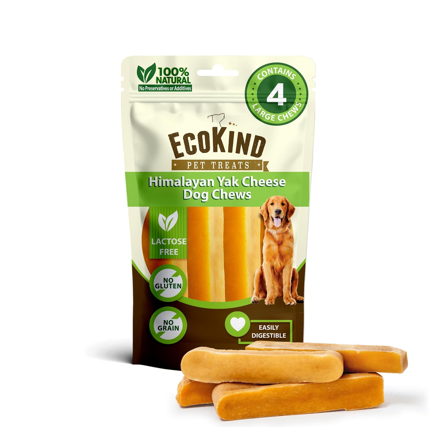 EcoKind Premium Gold Yak Cheese Himalayan Dog Chews, Dog Treats Large Breed, All Natural, High Protein, for Aggressive Chewers, Large - 4 Chews (1 lb)