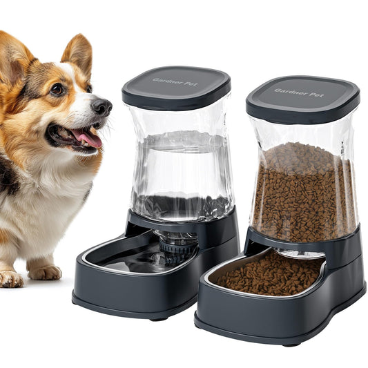 Gardner Pet Automatic Dog Water Dispenser Gravity Stainless Steel Waterer & Food Feeder Set, 100% BPA Free Large Capacity Feeding Bowls for Medium & Large-Sized Dogs Cats Other Pets -(1 Gallon x2)