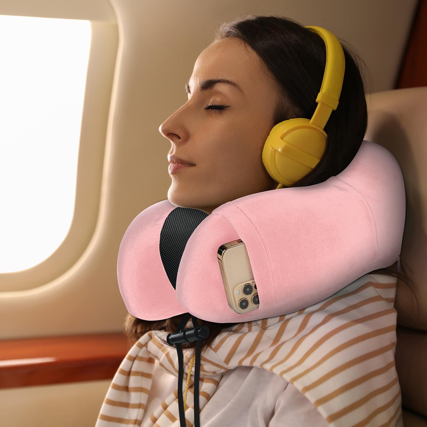 urnexttour Travel Pillow and Blanket Set Neck Pillow Airplane Memory Foam for Traveling Compact with Bag Pink