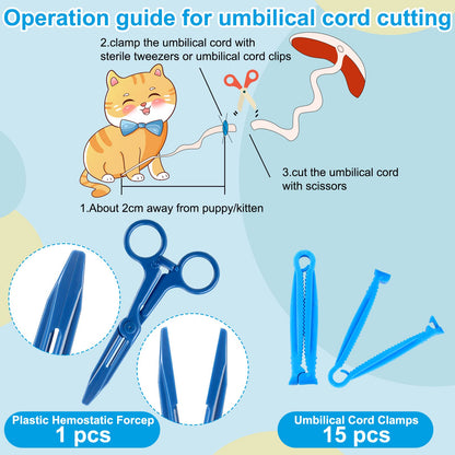 48 Pcs Puppy Kitten Whelping Kit Include 4 Puppy Feeding Tube, 6 Record Keeping Charts, 15 Puppy Whelping Collars, 15 Cord Clamps, 2 Gloves, Bulb Aspirator, Syringe, Bottle, Scissors, Stethoscope, Bag