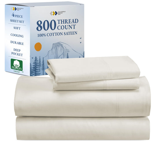 California Design Den Luxury Queen Bed Sheets - Buttery Soft 800 Thread Count, 100% Cotton Bed Sheets Set - Queen Sheets, Beats Fake Egyptian Claims, Durable Deep Pocket Fitted Sheet (Ivory)