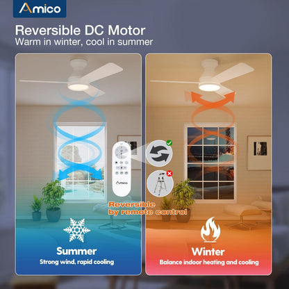 Amico Ceiling Fans with Lights, 42 inch Low Profile Ceiling Fan with Light and Remote Control, Flush Mount, Reversible, 3CCT, Dimmable, Noiseless, White Ceiling Fan for Bedroom, Indoor/Outdoor Use