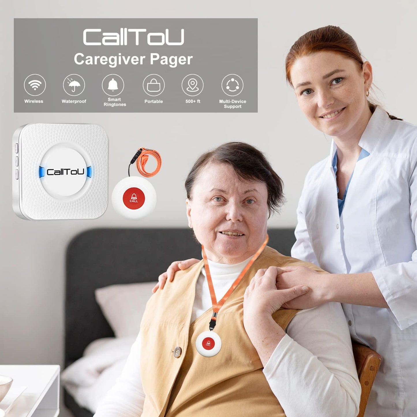 CallToU Wireless Caregiver Pager Smart Call System 2 SOS Call Buttons/Transmitters 2 Receivers Nurse Calling Alert Patient Help System for Home/Personal Attention Pager 500+Feet Plugin Receiver