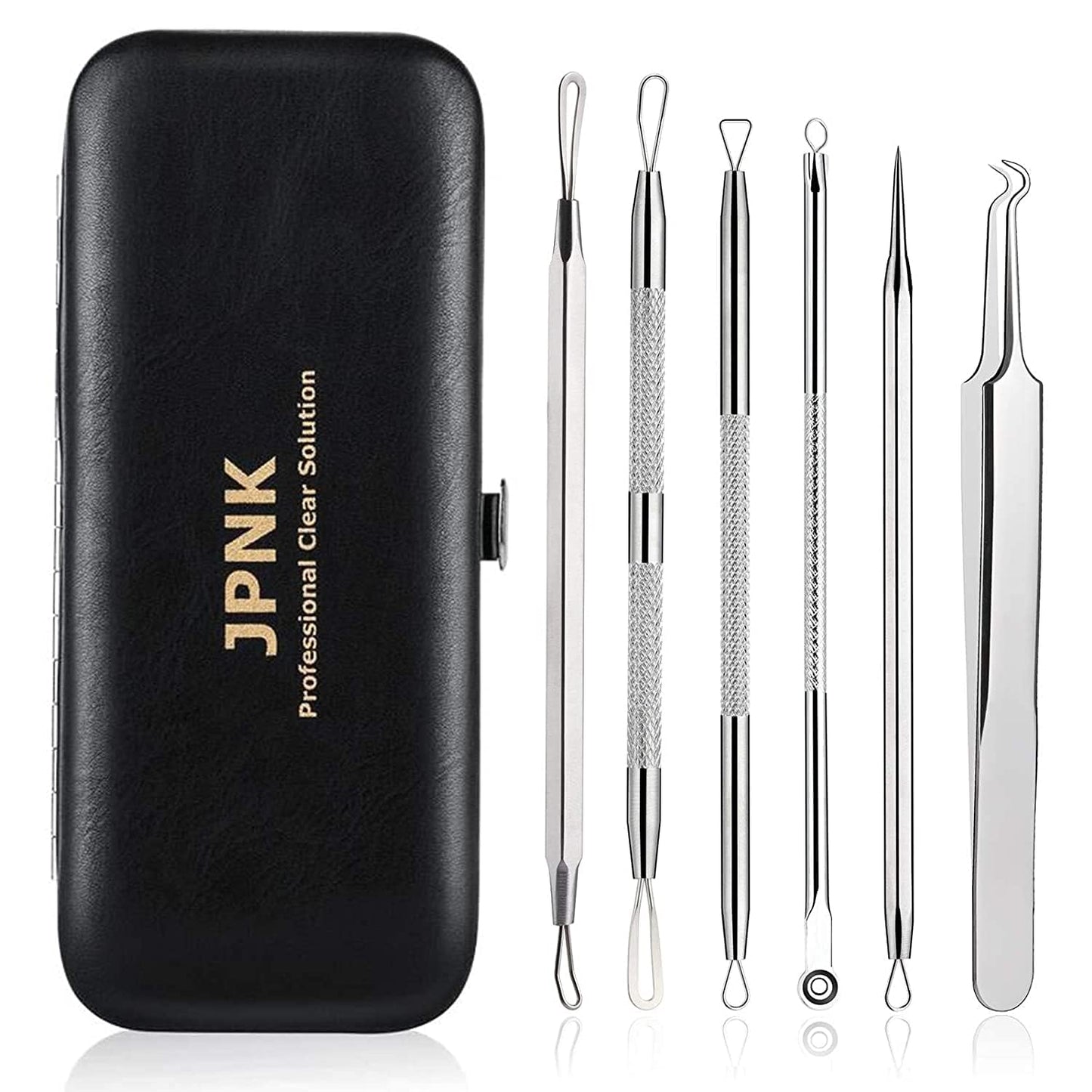 JPNK Blackhead Remover Tool Comedones Extractor Acne Removal Kit for Blemish, Whitehead Popping, 6 Pcs Zit Removing for Nose Face Tools with a Leather Bag