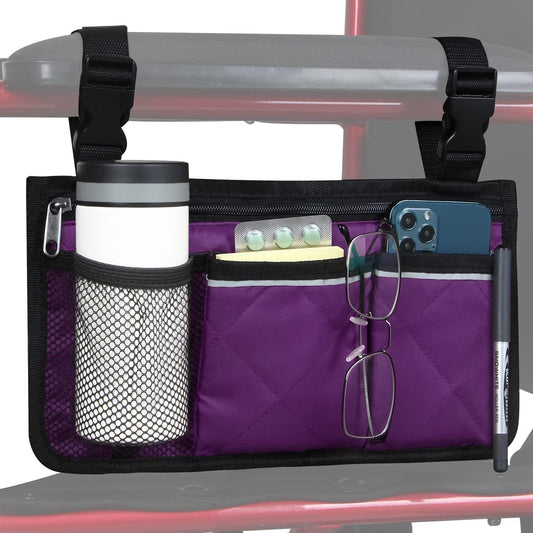 Wheelchair Side Bag, Armrest Storage Pouch with Cup Holder and Reflective Strip for Wheelchairs, Walkers or Rollators (Purple)