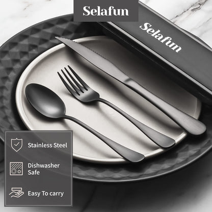 Selafun 4-pieces Travel Set with Case Portable Silverware Utensils Set for work, Stainless Steel Reusable Flatware Set Cutlery Set for Camping Picnic Hiking Office (6.7inch, Matte Black)