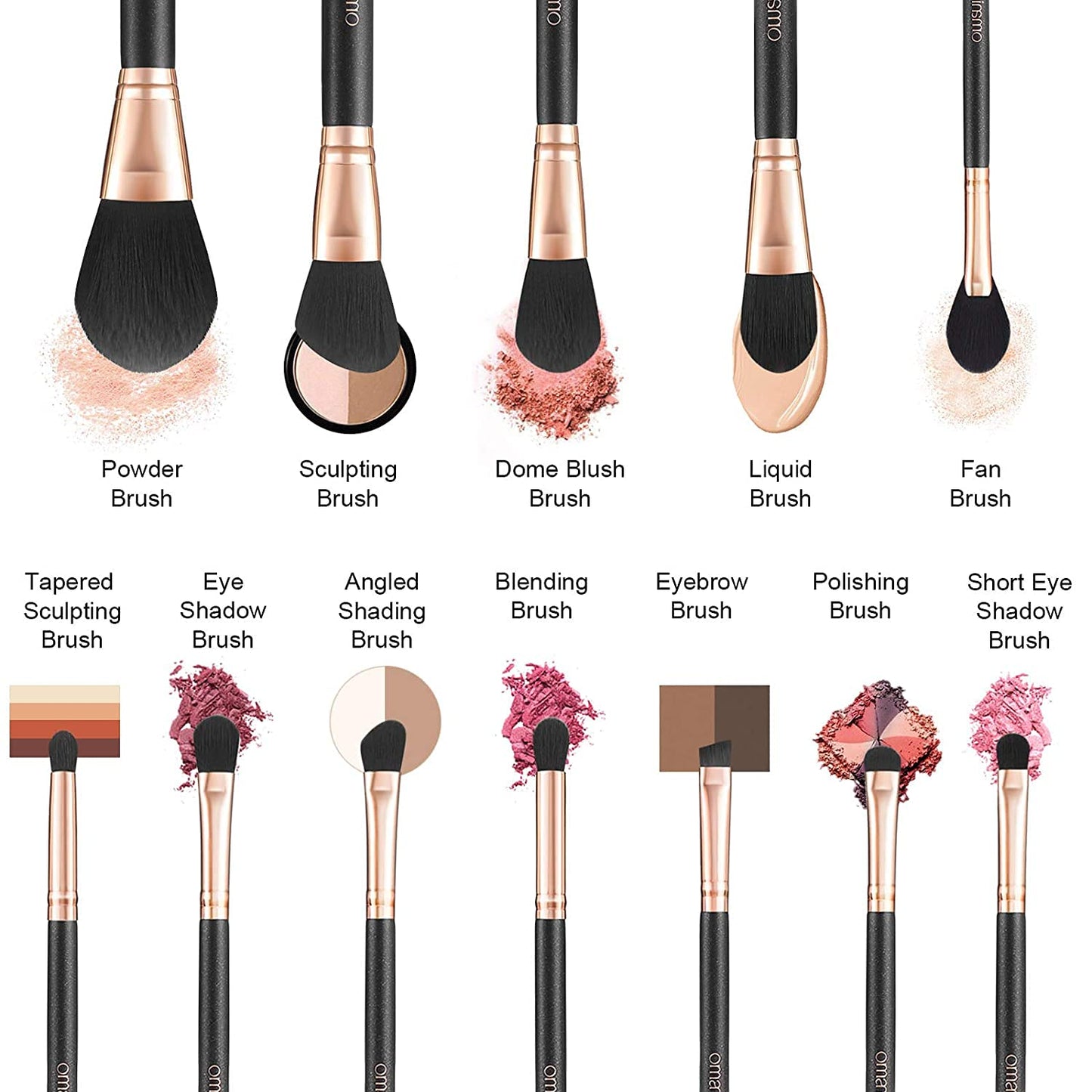 OMANIAC Makeup Brush Set Professional, 12 Pearlescent Wood Handle Makeup Brushes, Premium Cruelty-Free Synthetic Fiber Hair, Travel Make up Brushes Set with Case (Black).