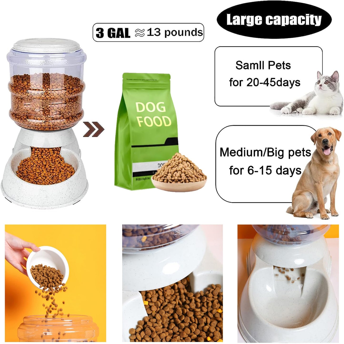 Automatic Dog Feeders, Dog Feeder Dispenser for Large Dogs, 3 Gallon Gravity Automatic Dog Cat Feeder Station, Dry Food Storage Container Bowl for Adult Dogs