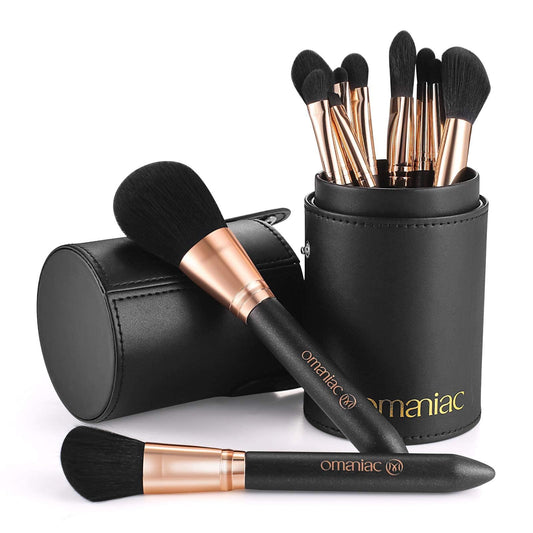 OMANIAC Makeup Brush Set Professional, 12 Pearlescent Wood Handle Makeup Brushes, Premium Cruelty-Free Synthetic Fiber Hair, Travel Make up Brushes Set with Case (Black).