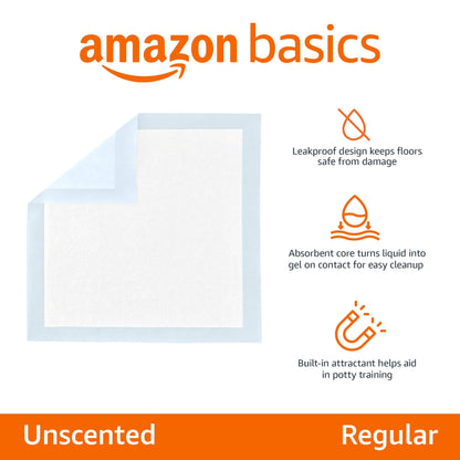 Amazon Basics Dog and Puppy Pee Pads with Leak-Proof Quick-Dry Design for Potty Training, Standard Absorbency, Regular Size, 22 x 22 Inches, Pack of 100, Blue & White