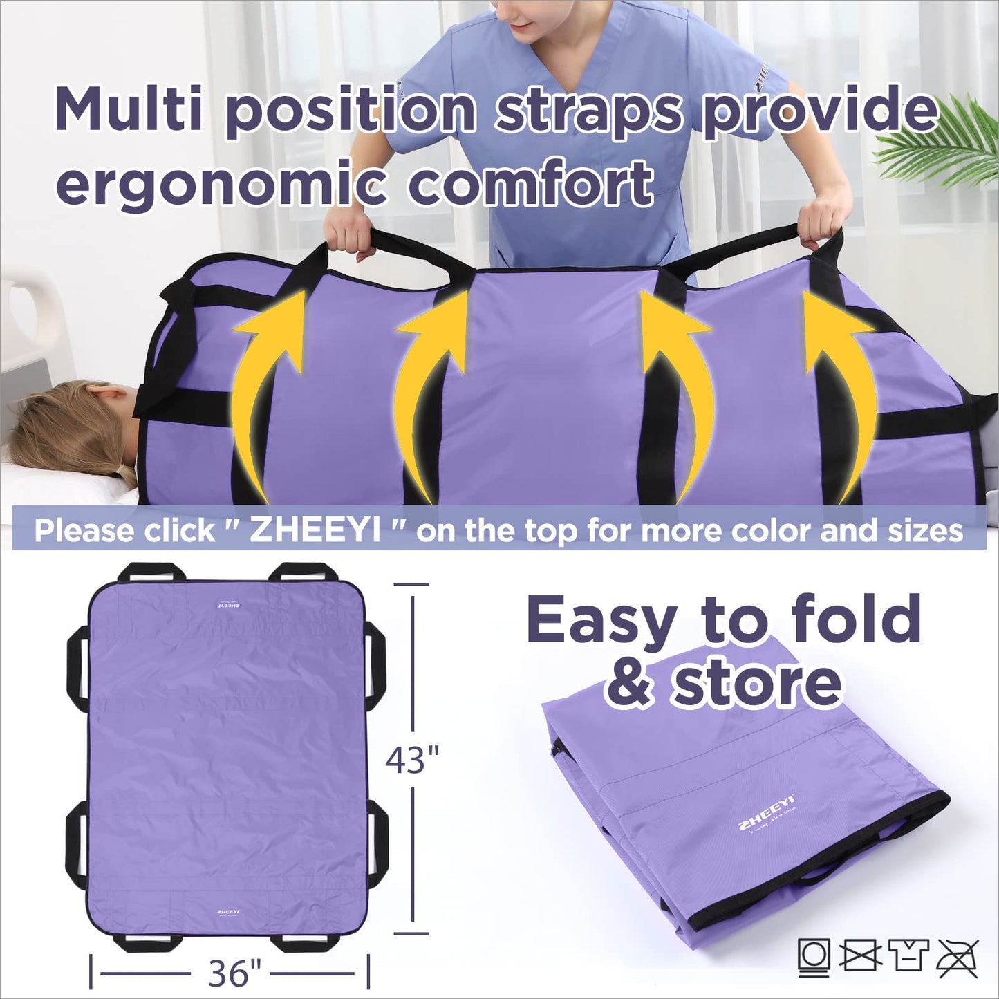 ZHEEYI Positioning Bed Pad with Reinforced Handles 43" x 36" Patient Transfer Sheet Aid Assistant for Body Lifting, Turning, Repositioning, for Elderly, Incontinence, Caregiver, Purple