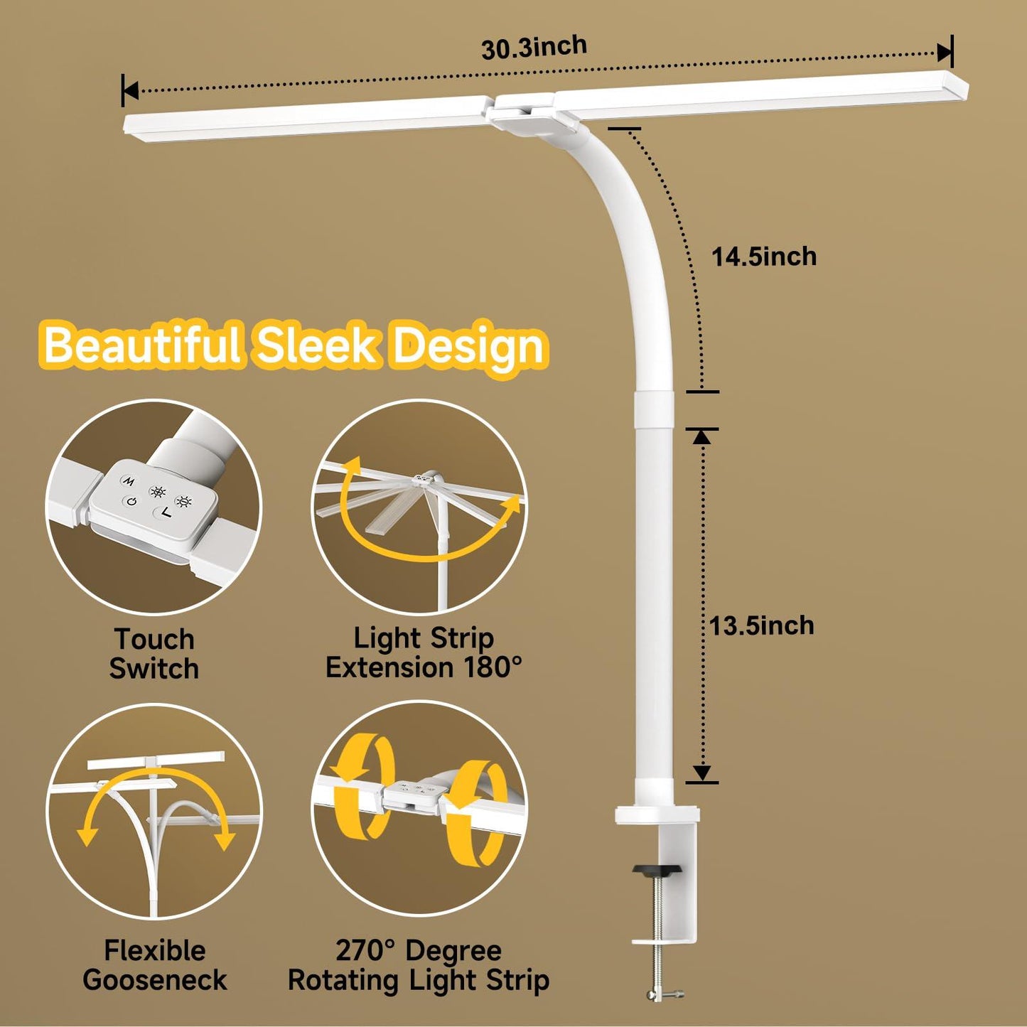 SKYLEO Led Desk Lamp for Home Office - Eye Caring Architect Desk Light with Clamp - Computer Monitor Light with Stepless Dimming Touch Control - 5 Color 24W - 2400LM Timing - Memory Function - White