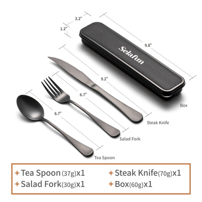 Selafun 4-pieces Travel Set with Case Portable Silverware Utensils Set for work, Stainless Steel Reusable Flatware Set Cutlery Set for Camping Picnic Hiking Office (6.7inch, Matte Black)