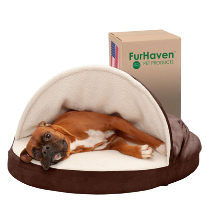 Furhaven 35" Round Memory Foam Dog Bed for Large/Medium Dogs w/ Removable Washable Cover, For Dogs Up to 50 lbs - Sherpa & Suede Snuggery - Espresso, 35-inch