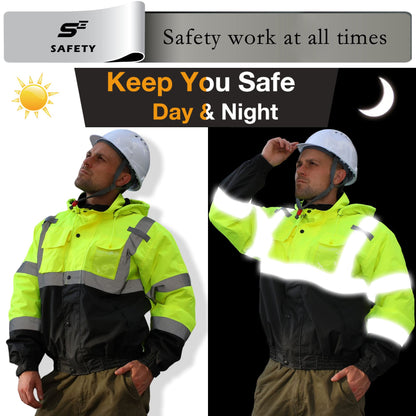 Mens High Visibility Jacket Waterproof with Hood, Reflective Hi Vis Winter Jacket, Safety Work Yellow Jackets for Men