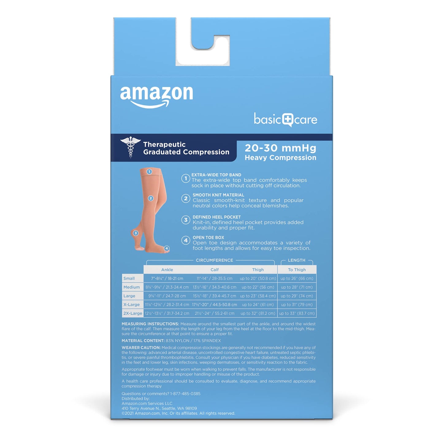 Amazon Basic Care Medical Compression Stockings, 20-30 mmHg Support, Women & Men Thigh Length Hose, Open Toe, Beige, X-Large (Previously NuVein)